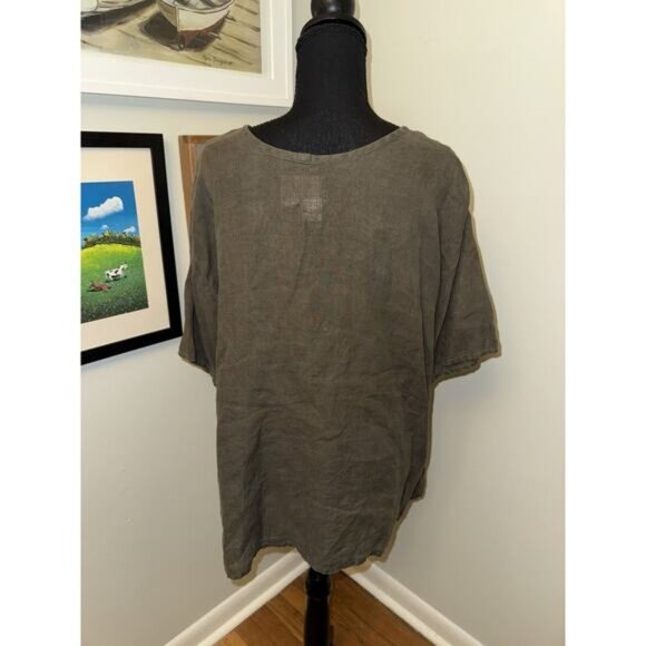 Flax Top Womens Large Green 100% Linen Pullover Boho Lagenlook Shirt - Picture 4 of 6